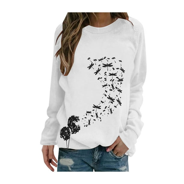 Ladies Dragonfly Print T-Shirt Blouse Long Sleeve Crew Neck Pullover Casual Tops
